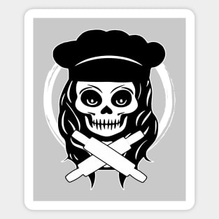 Female Baker Skull and Rolling Pins White Logo Magnet